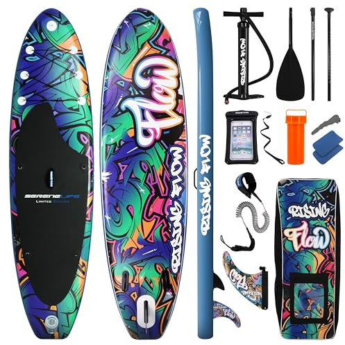 SereneLife Stand Up Paddling Board Set, SUP Board Komplettes Zubehör, Stand Up Paddle Board für Kinder & Erwachsene, Surfbrett & Tragetasche, Paddle Set Anti-Rutsch mit Pumpe, Auflasbares Paddelbrett