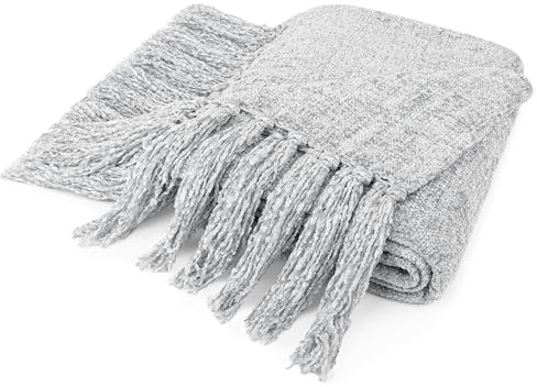 PAVILIA Hellgraue Überwurfdecke für Couch, Doppelbett, Chenille für Sofa, weiches Strickgewebe mit Quaste, dekorative strukturierte für Wohnzimmer, Hellgrau, 152 x 203 cm