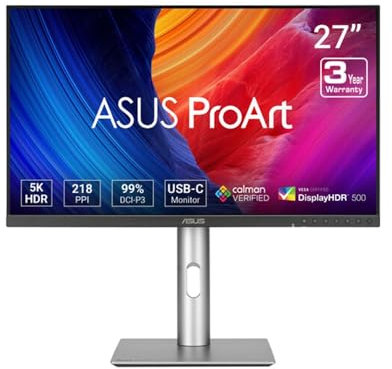 ASUS Professional Monitor ProArt Display 5K PA27JCV 27 Inch, IPS, 5K (5120 x 2880), 99 Purcent DCI-P3, LuxPixel AGLR, Calman Verified, USB-C PD 96 W, HDR 500,KVM, Ergonomic