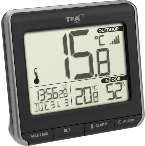 TFA Dostmann Prio Thermometer innen/aussen, 30.3069.01, digital, inkl. Außensender, mit Funkuhr, Datum, Wochentag, schwarz, L 109 x B 38 x H 99 mm