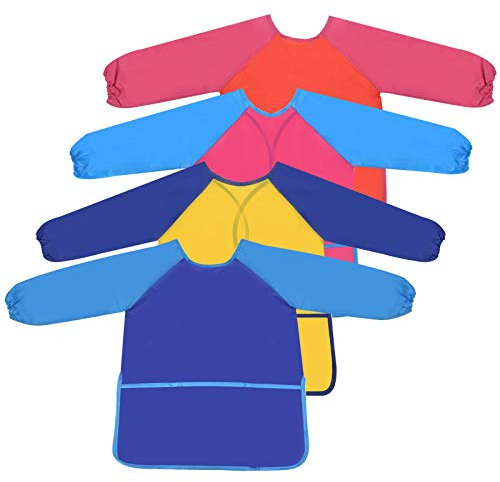 Fangehong 4 Stück Malschürze Kinder, Malkittel Kinder Bastelschürze mit Langen Ärmeln & Taschen, Kinderschürze Wasserdichter Kittel Schürze für Mädchen Junge 5-10 Jahre Malen Basteln Kochen Backen