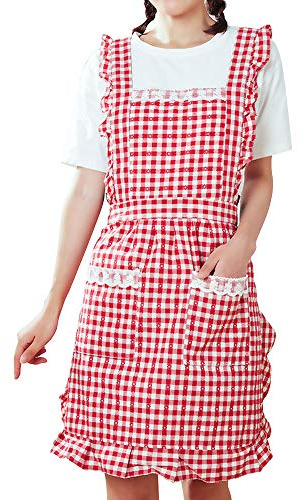 GudGmtoy Niedliche Küchenschürzen für Frauen mit Taschen, verstellbare Kochschürze, Damen, Backen, Baumwolle, Rüschen, Schürze, Kleid, zum Backen, Kochen, Mutter, Mädchen, Geburtstagsgeschenk, Rot,