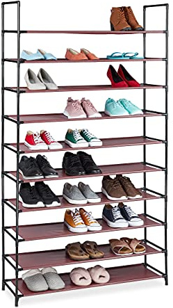Relaxdays XXL Schuhregal Stecksystem, 10 Ebenen, für 50 Paar Schuhe, Stoff Schuhständer HBT 176,5x99x29,5 cm, bordeaux