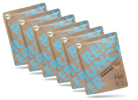 REISHUNGER BIO Mikrowellen Reis Basmati (6 x 250g) - Auch in 12 x 250g verfügbar - Express Reis fertig in 2 Minuten - Vegan, Glutenfrei & 100% Sortenrein