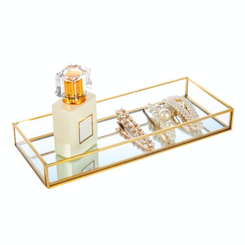 Feyarl Gold Clear Glass Vanity Tray Jewelry Trinket Rings Earrings Organizer Perfume Collection Display Decorative Tray Anti-Mirror Surface for Dressr Room Drawer Office Tabletop (9.84 x 3.93inch)