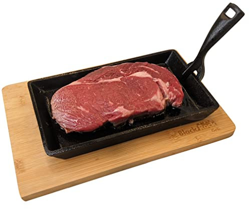 Black Rock Grill Cast Iron Skillet with Wooden Serving Board & Detachable Handle (24cmx14cm)- Sizzling Lava Stone Griddle Plate, Oven-Proof – Restaurant Grade Steak Pan for BBQ, Pizza Parties 1 Set