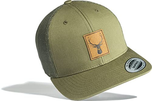 Baddery Outdoor Cap Flexfit Snapback : Hirsch (Leder-Patch) - Kappe Herren & Damen - Kletter Ausrüstung Wander Zubehör (Trucker)