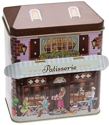 POWERHAUS24 Scatola di latta retrò nostalgica Patisserie Provence con tetto mobile, regalo, contenitore per chicchi di caffè e dolce, decorazione alimentare, ca. 12 cm x 15 cm, 2 ricette incluse