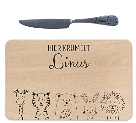 wunderwunsch - Individuelles Holzbrett mit Gravur inklusive Messer für Kinder - Personalisiertes Frühstücksbrettchen mit Kindermesser - Motiv-Brettchen mit Namen