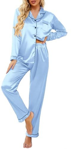 Ekouaer Women's Classic Button Down Long Satin Silk Pajama Set,Medium,Clear Blue