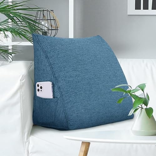 Johnear - Cuscino per la schiena, in lino, per la lettura, grande cuscino lombare per divano, schienale, testiera, a cuneo, cuscino triangolare, cuscino di appoggio, blu, 45cm