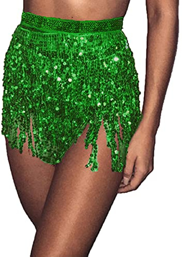 Bufenia Damen Bauchtanz Hüftrock Quaste Pailletten Hüftschal Riemchen Wrap Rave Röcke Halloween Kostüm Club Festival (Grün)