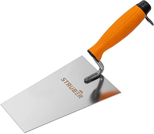 STRÜBER Edelstahl Maurerkelle (160 mm) - Trapezkelle mit Softgriff - Rostfreie Stukkateurkelle mit Gummigriff - Stukkateurspachtel für Mauererarbeiten - Putzkelle - Made in EU