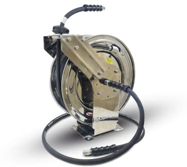 Blu Shield Pressure Washer Hose Reel with Aramid Braided Hose, 4100 PSi 6' Lead-in Hose, NPT, Lighter, Stronger, Flexible, 1-Year Warranty (3/8 x 50' Stainless Steel)