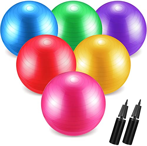 Junkin 6 Pcs Exercise Yoga Ball Bulk for Yoga Chairs Heavy Duty for Balance Include Pump for Stretching Physical Posture Improves Balance(29.5 Inch,Mixed Colors)