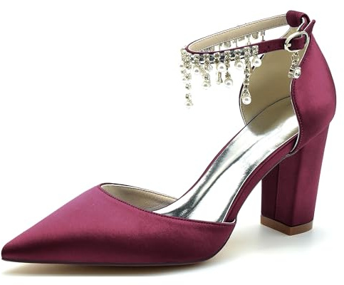 Hanfike Scarpe da sposa eleganti da donna, catenine alla caviglia, tacco alto grosso, pompe formali per feste, JY177, Bordeaux, 9.5 US
