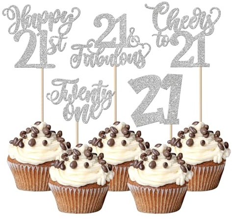 30 Stück Happy 21st Geburtstag Tortendeko Glitzer Cheers to 21 Kuchen Deko 21 Fabulous Cupcake Toppers für Twenty-one Geburtstag Jahrestag Party Kuchen Dekoration Silber