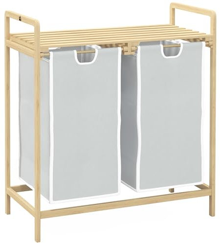 HOMCOM Cesto para ropa sucia Caja para ropa sucia con 2 bolsas extraíbles para ropa sucia Recogedor de ropa sucia con plataforma Clasificador de ropa sucia para baño Bambú Crema 63,5 x 33 x 73 cm