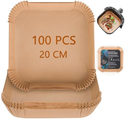 100 Stück Backpapier für Heißluftfritteuse, 20cm Quadrat Backpapier für Airfryer 4.5L-7L, Antihaft, Einweg Heisluftfritöse Backpapier Kompatibel mit COSORI, Philips, Cecotec Airfryer