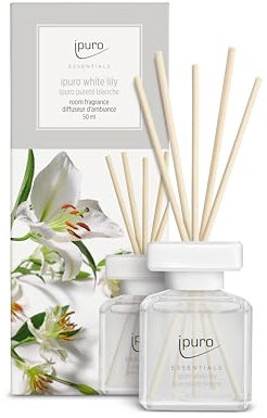 ipuro - Essentials Raumduft White Lily 50ml | Raumerfrischer mit Pfirsich, Maiglöckchen, Jasmin, Nelke, weißem Moschus & Zedernholz Duft Aroma | Diffuser mit Stäbchen | Lufterfrischer für Wohnung