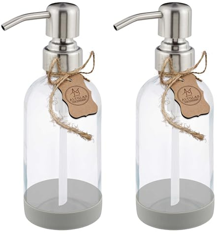 ALTGLAS Dispensador de Jabón 'Sarajevo' - Doble Dispensador de Ducha Hecho de Botella de Vidrio Transparente con Posavasos de Silicona y Cabezal de Bomba en Plata Cepillada (2 Piezas a 250 ml)