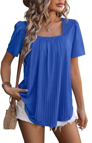Flikity Plus Size Clothing for Women, Square Neck Summer Top Puff Sleeve Womens Blouses Dressy Tops for Women Going Out Tops Ladies Top Size 20-22 Business Casual Daily Wear Blue 2XL