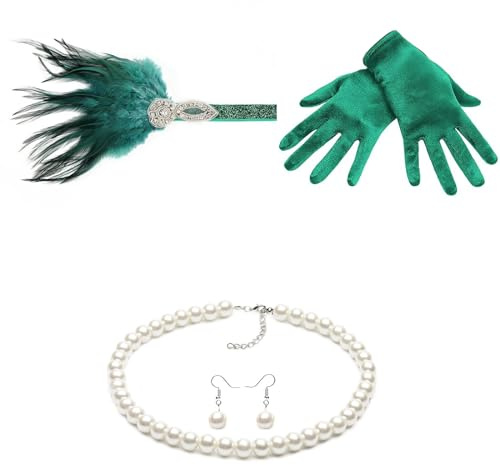 Whakano 20er Jahre Accessoires,4 Stück 1920er Mode Stirnband,1920 Zubehör Set,Perlenkette Ohrringe Handschuhe für Damen,Great Gatsby Accessoires für Frauen Halloween Weihnachten,Grün