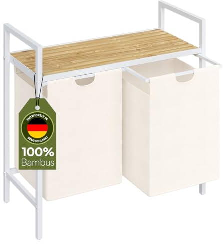 STEELSØN Rigil Wäschesammler mit 2 Fächern, 2x45L, Weiß, 1 Bambusablage | Wäschekorb, Wäscheboxen, Metall Wäschesortierer, Wäschesäcke ausziehbar & herausnehmbar, Schmutzwäschebehälter, Wäschetrenner