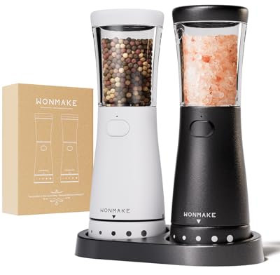 WONMAKE Lot de 2 moulins à sel et à poivre électriques rechargeables par USB, grande capacité améliorée, grossièreté réglable avec lumière LED, idéal pour la cuisine (noir/blanc)