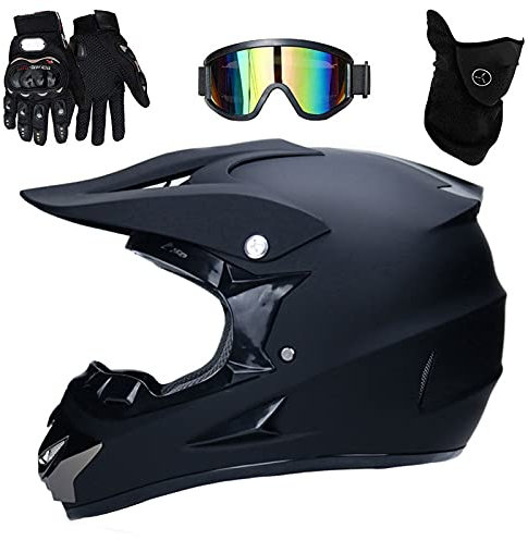UIGJIOG Matt Black Motorcycle Cross Helmets, Full Face MTB Helmet with Goggles Mask Gloves, Motocross Helmet for Men, Youth & Kids, L(56~57cm)