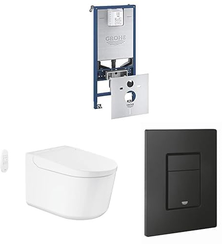 GROHE Sensia Wall Hung Shower Toilet Rimless WC & Rapid SLX 3-in-1 Concealed Cistern Frame Set Installation System 1.13m with Even Flush Plate in Phantom Black