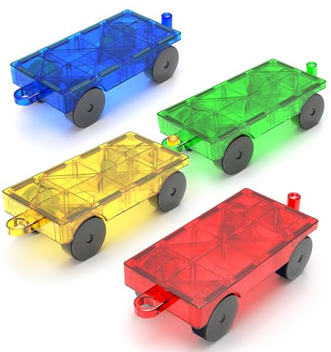 Magnetic Tiles Cars Building Blocks Set for Kids Toys: 4pcs Magnet Tiles Cars Construction Set Magnet Blocks Truck Kit Toy for Toddler Ages 3-5 4-8 5-7, Toys Gifts for 3+ Year Old Boys & Girls