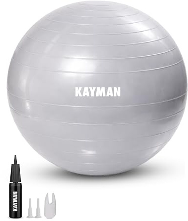 KAYMAN 65cm Exercise Ball Grey - Anti-Burst System, Non-Slip Rings, Durable Material, Easy to Inflate, Ideal for Yoga, Pilates, Fitness, Balance Training, Gym, and Home Workouts.