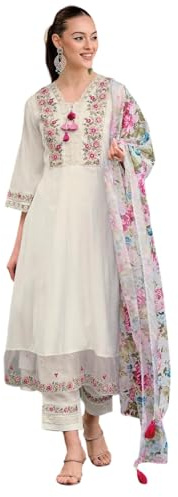 The Red Lion Enterprise women Anarkali Suit Alia cut kurti pant and Dupatta 3pc set salwar suit, White, Large