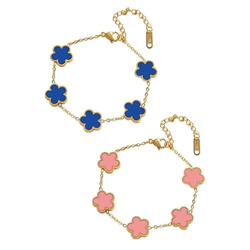KHDULQ 2 Pièces Bracelet Femme Plaqué 18K Bracelet Femme Bijoux Trèfle Porte-Bonheur Cadeau Femme Bracelets Empilables pour Les Mariages Saint-Valentin et Nouvel An Anniversaires(rose, bleu)