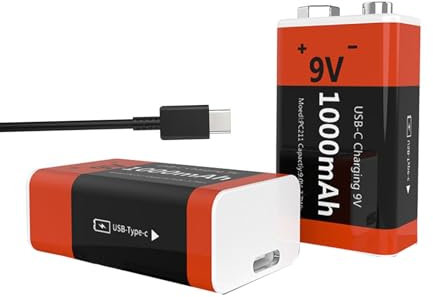 SDAJS Pack de Batterie Rechargeable 9 V 1000 mAh, Batterie Li-ION 9 Volts avec Port de Chargement USB de Type C pour alarmes/Microphones sans Fil/Jouets/claviers et Plus Encore
