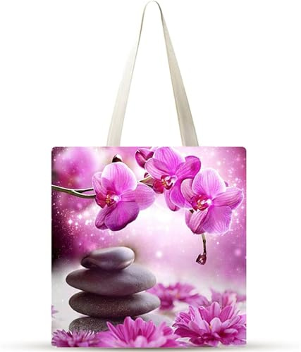 Piedras de orquídea púrpura Bolsa de Lona 38x34cm Tote Bag sin Cremallera,juego de 20 Canvas Tote Bags para Mujer,Bolsa de Compras Plegable,Bolso de Mano Lavable para Compras,Vida Cotidiana,Viajes