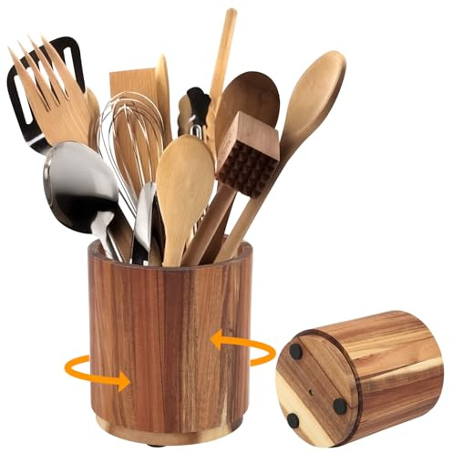 Natural Acacia Wood Utensil Crocks, 360° Rotating Utensil Holder, Holds 15-20 Spoons & Cooking Tools, Kitchen Countertop Organizer