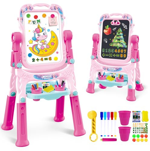 Tableau de malt pour enfants - Réglable en hauteur - Double face - Pivotant - Chevalet - Avec accessoires de peinture - Tableau éducatif préscolaire pour filles à partir de 3 à 5 ans