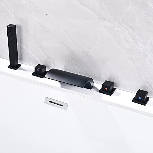 5 Loch Wannenrandarmatur,Modern LED Waterfall Badewannenarmatur,Schwarz Wannenrand 3-fach Wechselbar Wasserhahn Rainshower Handbrause Set für Badewanne, Hotel, SPA