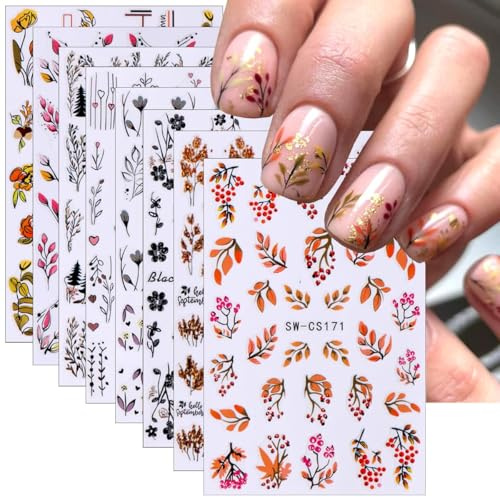 Nagel Sticker Herbst, 8pcs Nail Art Sticker Herbst, Nagel Aufkleber Blätter, Nail Stickers Blätter, 3d-Nagelaufkleber, Selbstklebend, für Frauen und Mädchen, DIY-Nagelkunst-Dekoration(8 Stile)