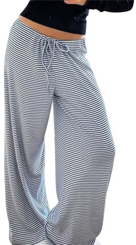 IQYU Pyjamasbyxor dam lång sommar bomull – joggingbyxor dam breda ben yogabyxor med dragsko pyjamasbyxor lösa sweatpants hög midja fritidsbyxor yogabyxor dra-på-byxor byxor byxor loungebyxor, blå, L