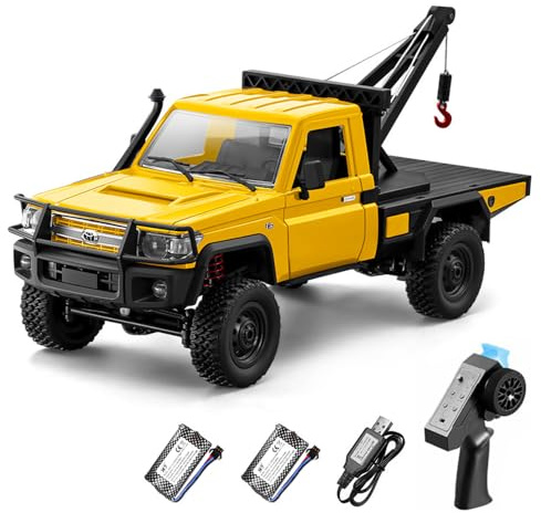 Dodoore RC Truck with Crane, 1:12 Scale RC Crawler, MN-82T Remote Control Car, 2.4GHz 4WD All Terrain Off Road Pickup Truck Wrecker Vehicle with Lights for Adults (Yellow)
