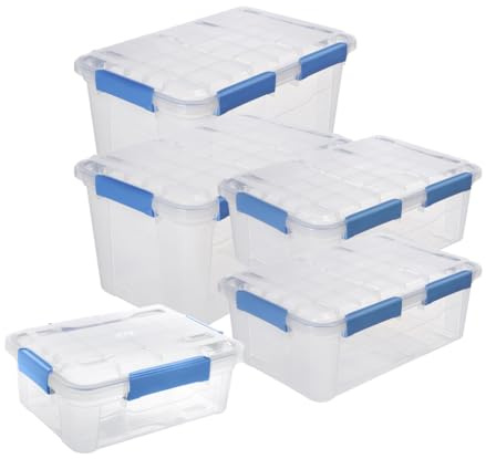 Kreher® Aufbewahrungsbox IP67 wasserdicht & staubdicht - stapelbare Kunststoffbox mit Deckel, UV-beständig, transparent für Haushalt, Garage, Werkstatt & Camping. (Set 1: 2 x 50L + 2 x 32L + 1 x 11L)