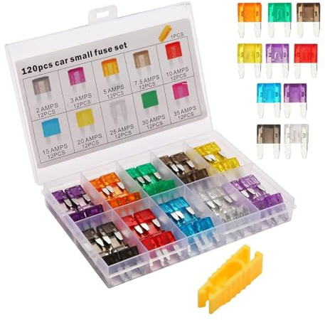 Dewireaey Kit de Fusibles para Automóvil, 120 Piezas De Fusibles Mini De Bajo Perfil Con Herramienta, Accesorios De Repuesto Para Piezas Automotrices Para Marina, Autocaravana, Remolque, Camión, SUV