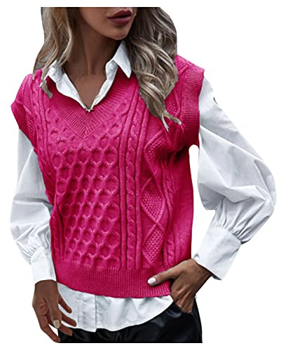 HUIFUAO Women's Sweater Vests V Neck Sleeveless Argyle Jumpers Plus Size Knitted Waistcoats Basic Pullover Warm Soft Tank Tops (Z05-Hot Pink, L)