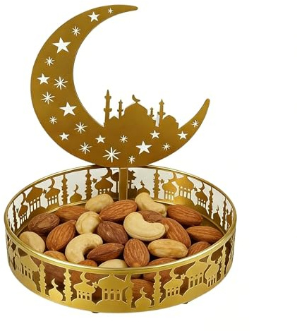Ramadan Plates Tray 9.8 Round Golden Metal, Ramadan Decorations for Home Table, Mubarak Moon Dinner Tray, Muslim Dessert Trays Filigree Castle Design, Ramadan Eid Dector Gifts for Adult