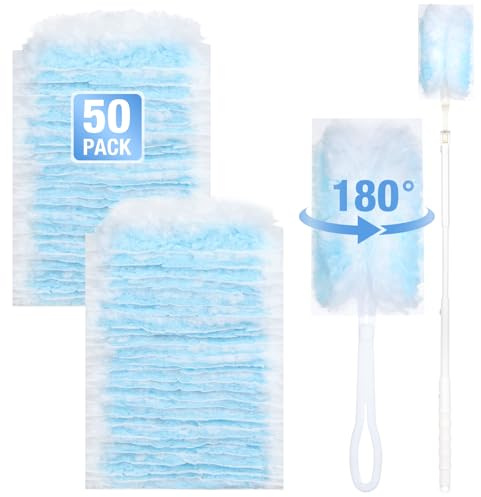 Flintronic 52 Pièces Plumeau Poussiere Recharge Kit, avec1 Manche Télescopique et 1 Manches Courts, Plumeau pour Nettoyer la Poussière, Saleté, Les Zones Difficiles d'accès et Cheveux, Bleu