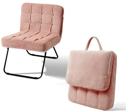 TUKAILAi Folding Accent Chair Corduroy Fabric Living Room Leisure Chair with Folding Back and Metal Legs, Hand-Carry Design,55 cm Wide Upholstered Seat for Home Lounge Indoor Courtyards (Pink)