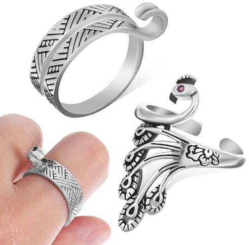 WRITWAA Anillos de Crochet Ajustables para Tejer 2 Piezas, Guía de Hilo para Dedos, Anillos Abiertos de Metal Plateado Diseño de Pavo Real y Rayas, Accesorios para Tejido Manual